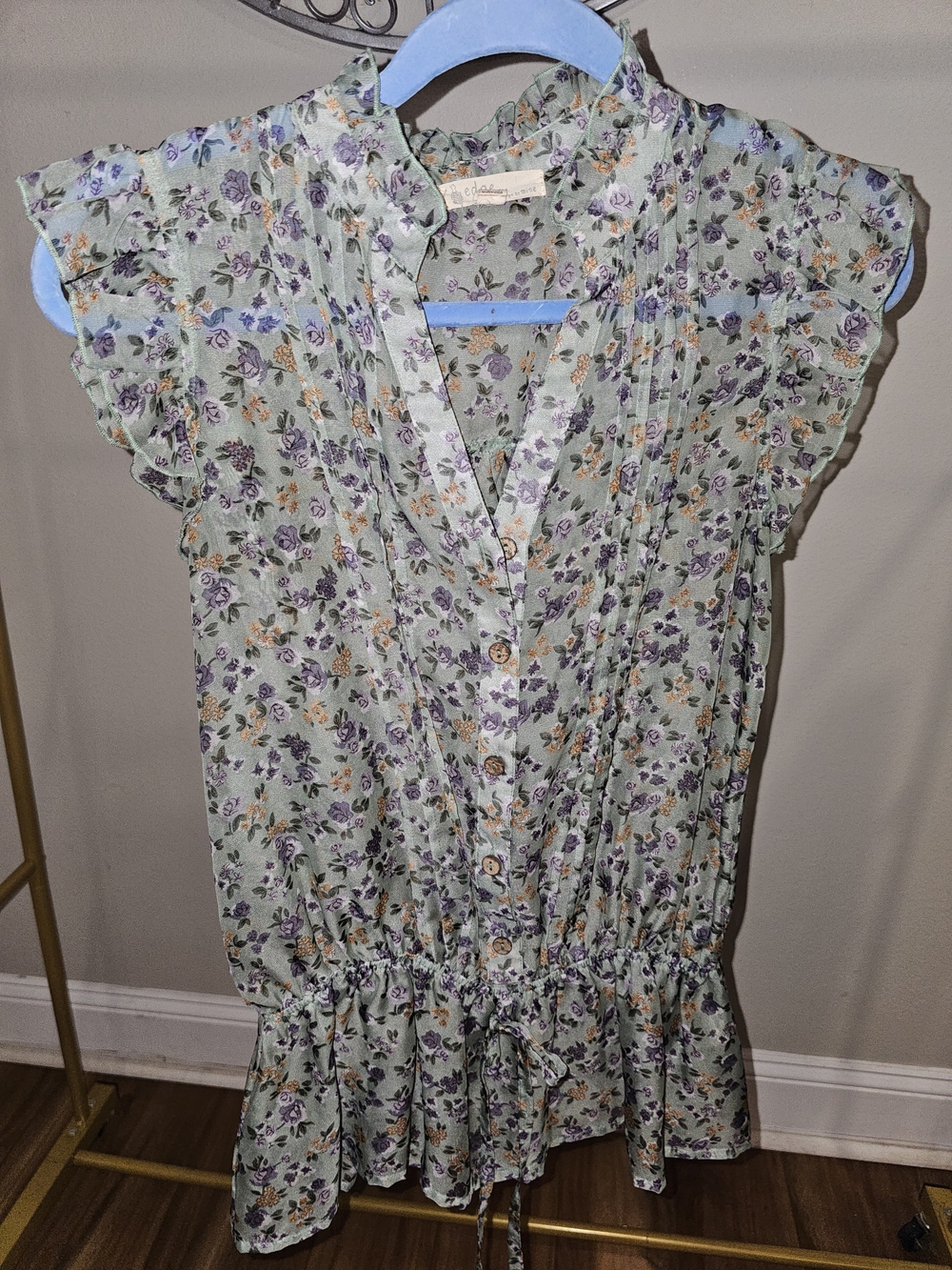 Sage Floral Ruffle Flutter Sleeve Peplum Blouse Cottagecore Boho